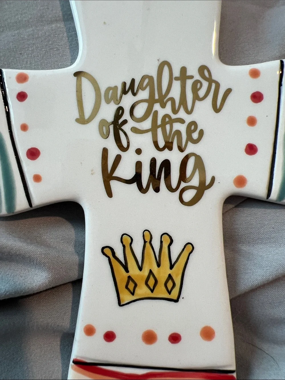 Daughter of the King Ceramic Wall Cross in White, Gold and Teal